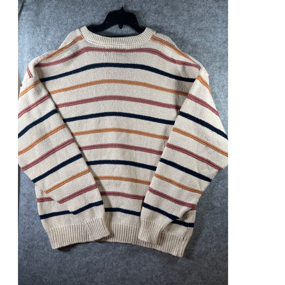 Striped Crewneck Sweater Cream Navy Yellow Rose Chunky Knit Pullover Women Large